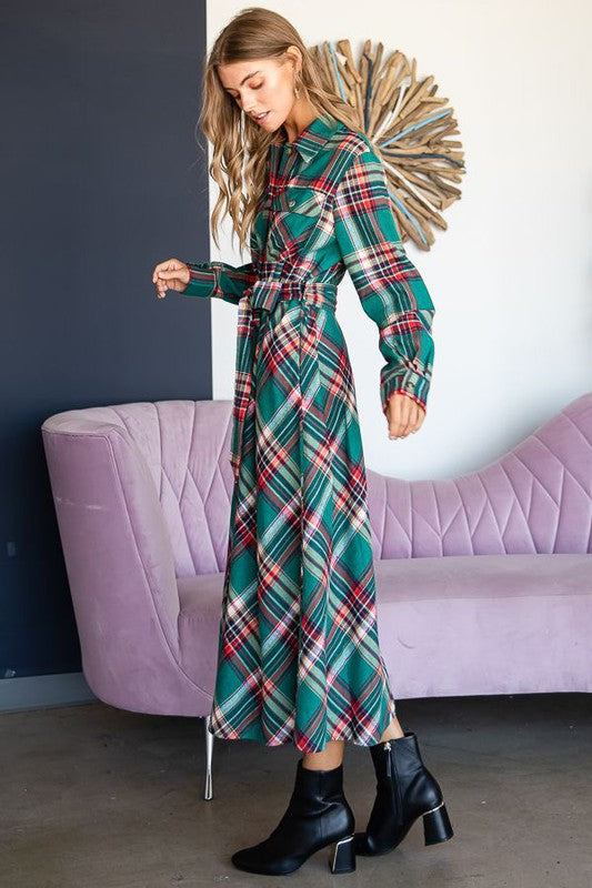 PLAID BELTED LONG SHIRT DRESS