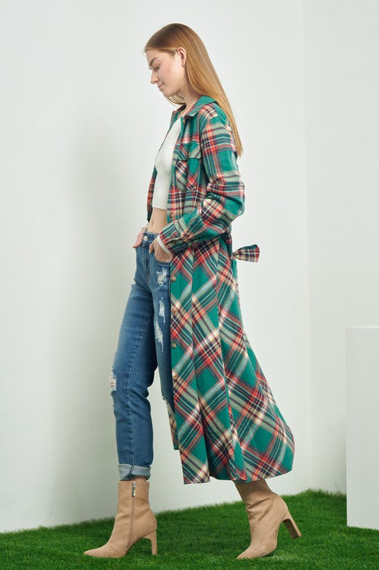 PLAID BELTED LONG SHIRT DRESS