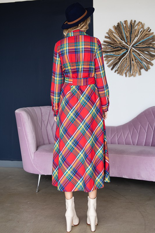 PLAID BELTED LONG SHIRT DRESS