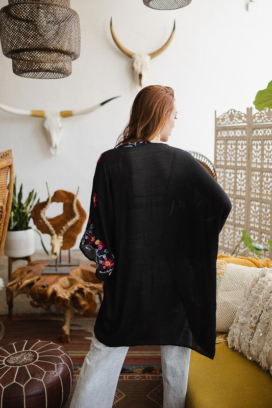 Pink Anemone Garland Embroidered Kimono