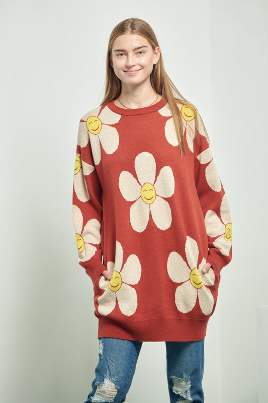 HAPPY FACE FLORAL PRINT KNIT SWETAER