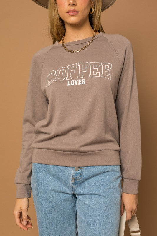 Long Sleeve Coffee Lover Graphic Print Top