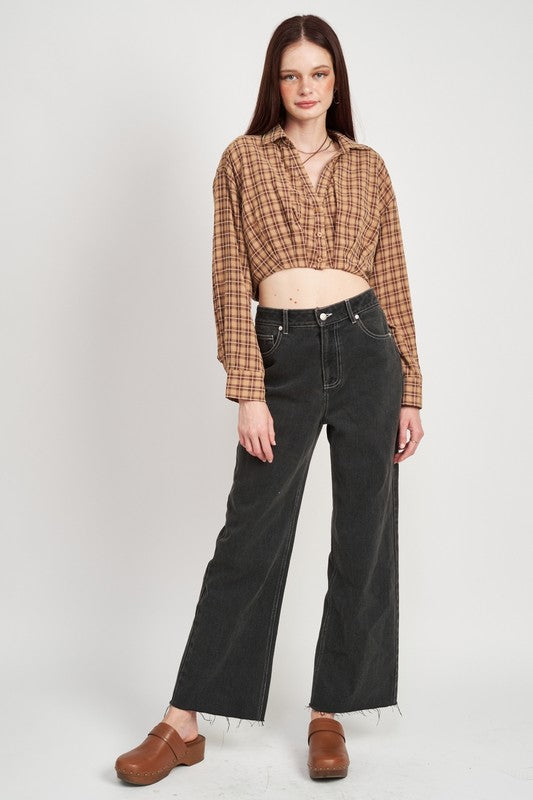 CROPPED BUTTON UP SHIRT WITH ELASTIC WAISTBAND