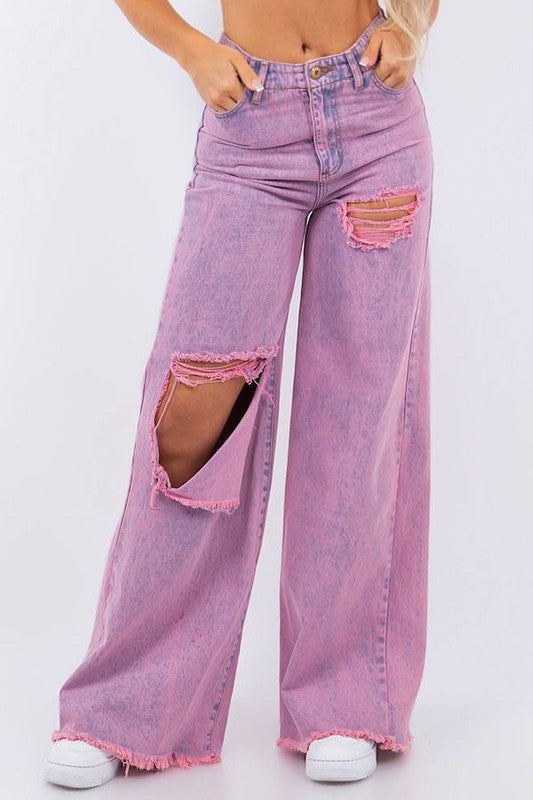 Vintage Ripped Wide Leg jean in Mineral Pink