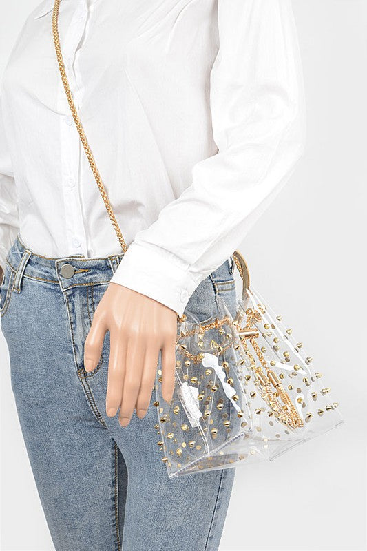 Studded Cleared Top Handle PVC Clutch Bag