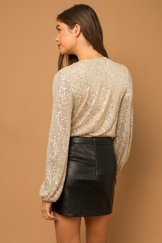 Long Sleeve Sequin Wrap Bodysuit