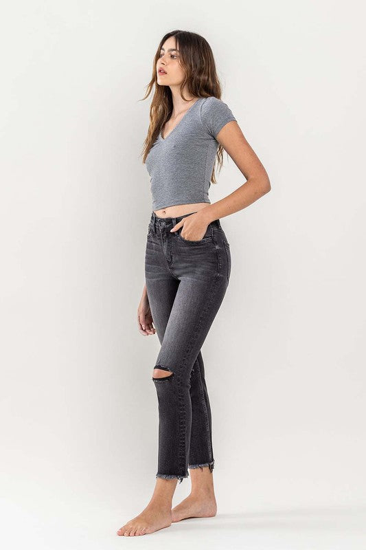 High Rise Stretch Distressed Crop Slim Straight