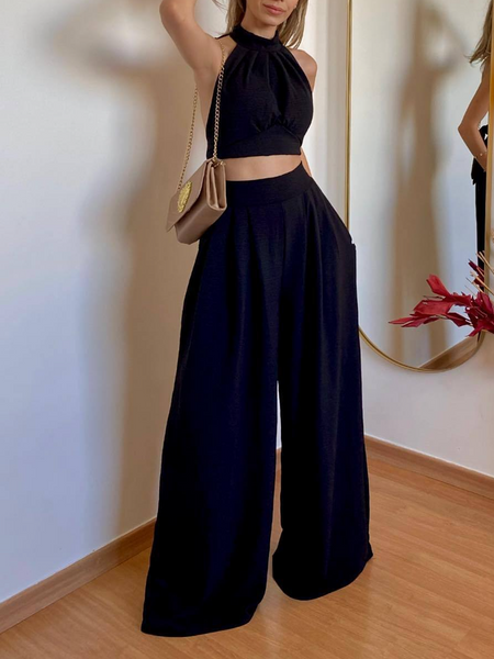 Casual Neck-hanging, Elegant Pressed Fold, High-waisted Long Pants Two-piece Set HW5TLMACSD