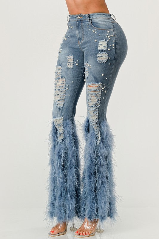 Distressed Pearl Embellished Feather Detail Jeans