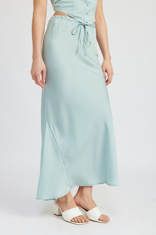 TIE FRONT SATIN MIDI SKIRT