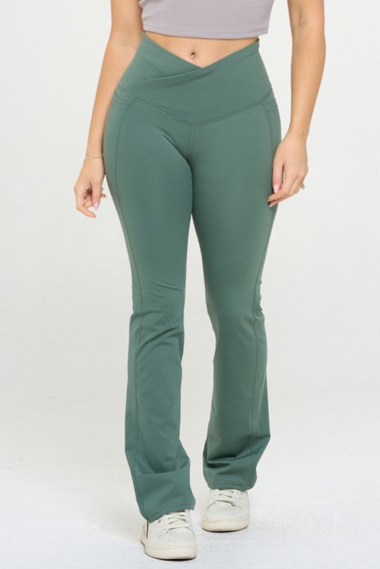 Women Crossover Flare Legging High Waisted Pockets