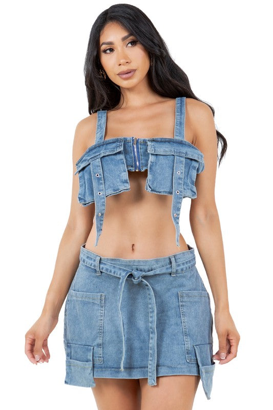 FASHION DENIM TWO PIECE SHORT SET