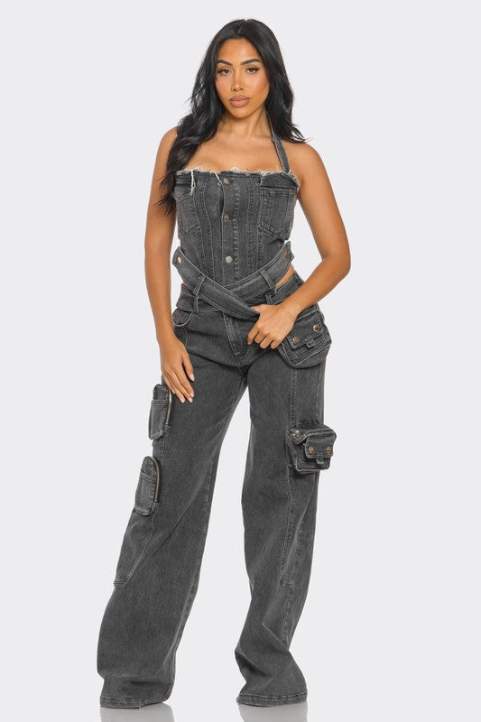 Dual-Tone Utility Denim Jumpsuit