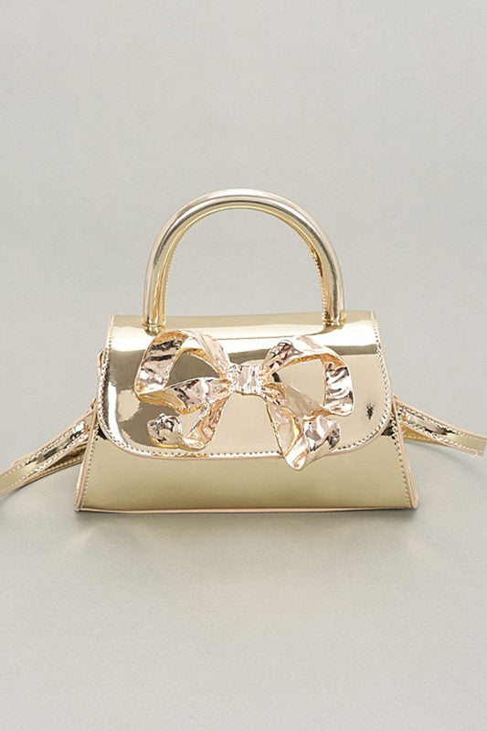 Metallic Bow Tie Mirror Top Handle Bag