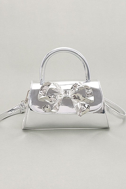 Metallic Bow Tie Mirror Top Handle Bag