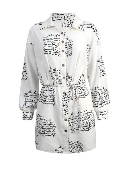 Women's Letter Printed Long Sleeve Waist Lace Up Dress H8S6QYY8AY