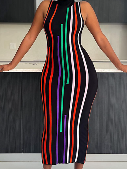 Women's Turtleneck Irregular Striped Bodycon Midi Dress HW7EW8DAZU