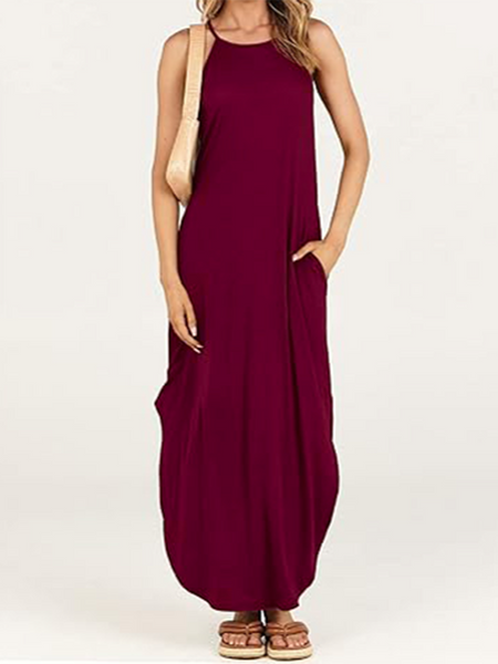 Women's Summer Sleeveless Casual Long Dresses Split Maxi Dress with Pockets HTHZTPUTC5