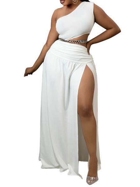 Women's Clothing Solid Color Slanted Shoulder Bare Shoulder Sexy Package Two-piece Set HWULYU3WSX