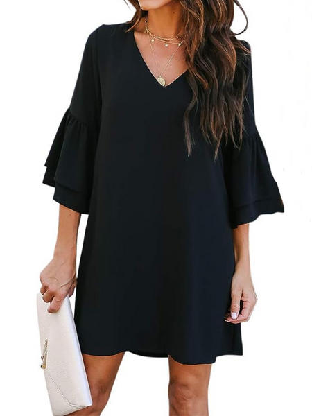 Women's Dress V-Neck Bell Layered Flounce Sleeve Solid Loose Fitting Mini Dress 
 HY847AFXCU
