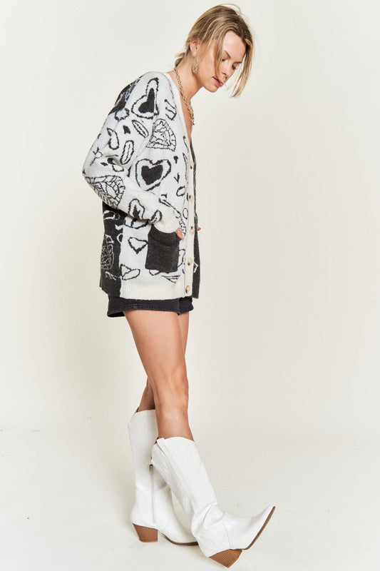 Heart paisley and Color block cardigan JJK5018