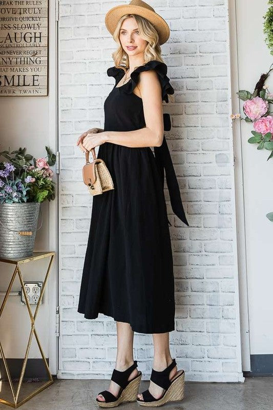 LINEN RUFFLE MID DRESS