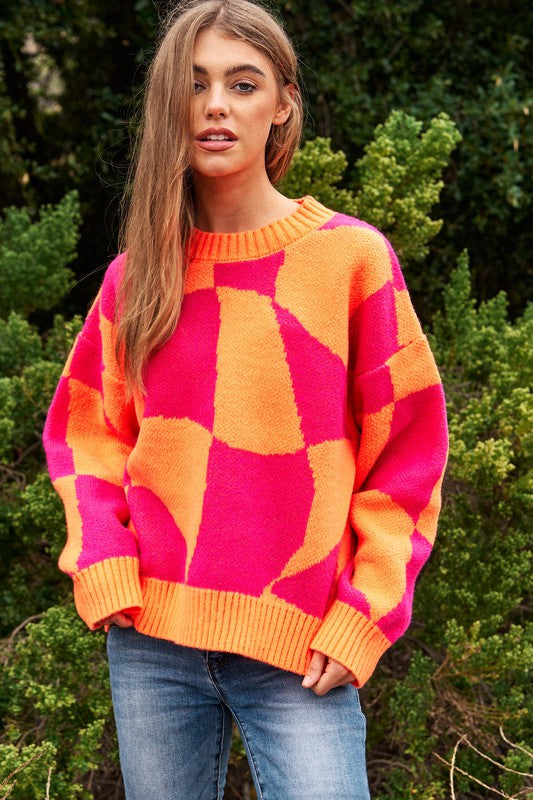 Multi Geo Checker Pullover Knit Sweater Top