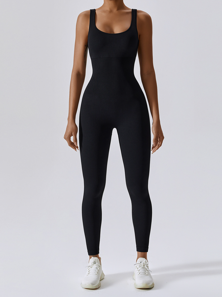 Seamless Women Yoga Bodysuit Square Neck Long Pants Ribbed Workout Sport Jumpsuit HY3YDC8QMR