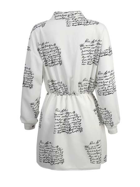 Women's Letter Printed Long Sleeve Waist Lace Up Dress H8S6QYY8AY