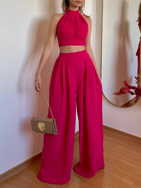 Casual Neck-hanging, Elegant Pressed Fold, High-waisted Long Pants Two-piece Set HW5TLMACSD
