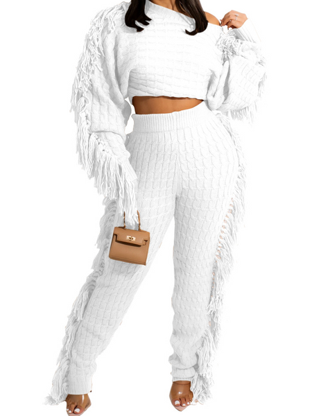 New Women's Casual Solid Knitted Long Sleeve Tassel Set HWWKP3LDYP