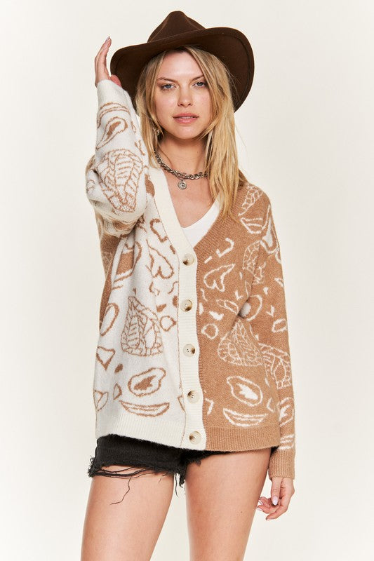 Heart paisley and Color block cardigan JJK5018