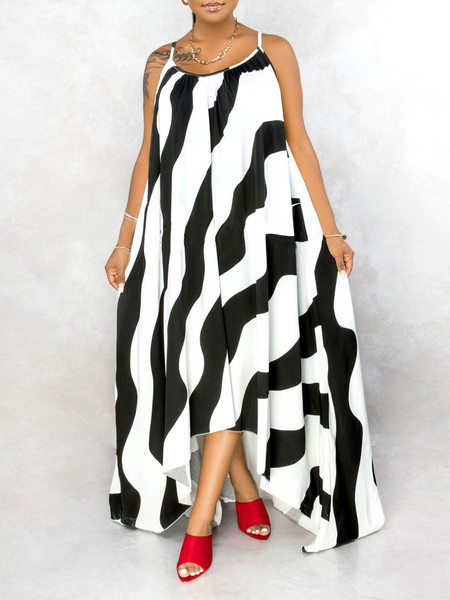 Casual Stripe Print Irregular Sling Dress
 HW5C6BERDQ