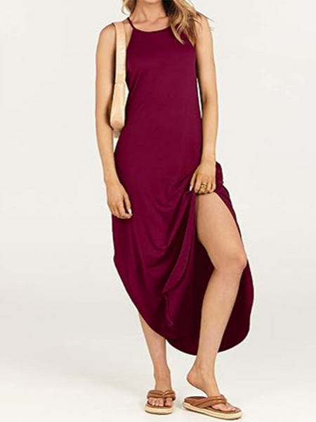 Women's Summer Sleeveless Casual Long Dresses Split Maxi Dress with Pockets HTHZTPUTC5