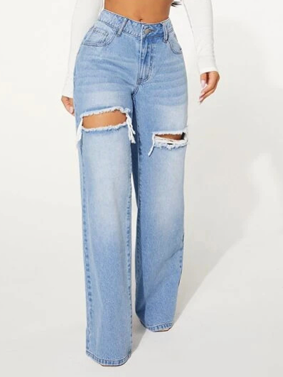 Hole Wide Leg Pants High Waist Washed Jeans HWWT59ECVH