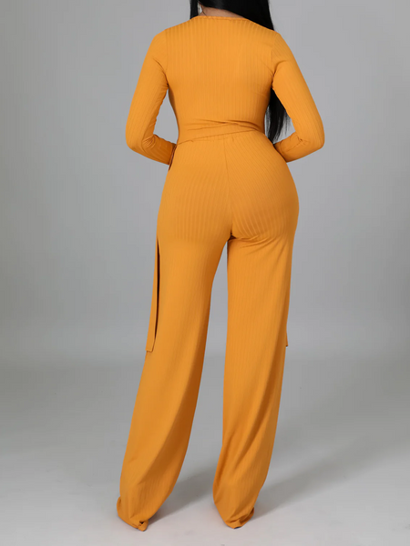 Women's Solid 2-piece Set V-neck Asymmetric Hem Top Long Pants HP4YE3TSQQ