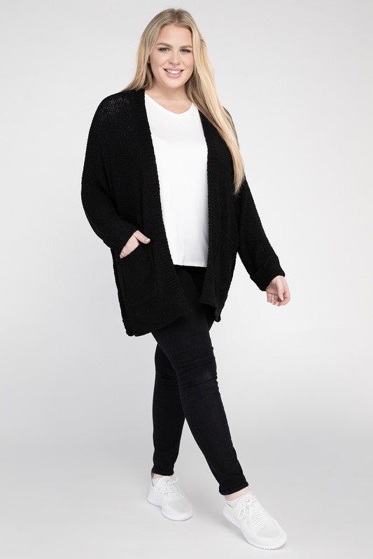 Plus Size Ribbed Knit Open Front Cardigan