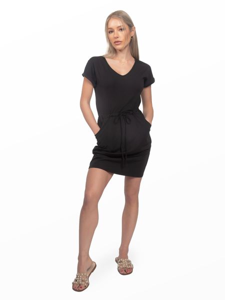 Women's V-Neck Drawstring Mini Dress Side Pockets
 HPWERLMMXW